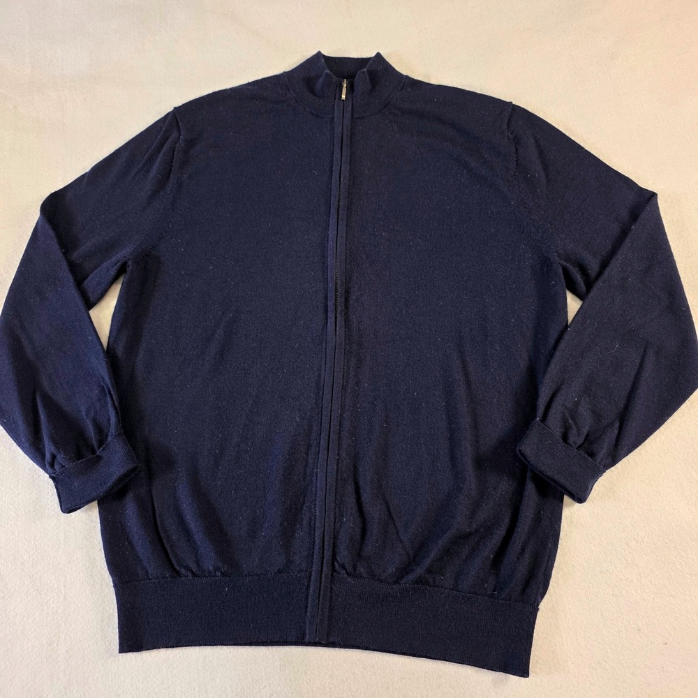 Charles Tyrwhitt Mens Navy Blue 100% Extra Fine Merino Wool Full Zip Sweater L